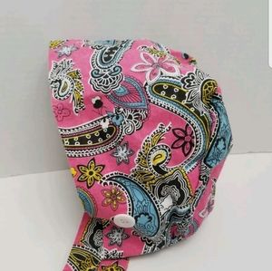 Pink Paisley Ponytail Scrub Cap Ear Saver Buttons
